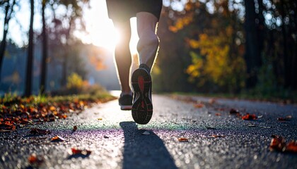 ランニング ジョギング 運動 走る スニーカー シューズ 公園 道路 落ち葉 秋 季節 太陽 光 影 健康 スポーツ フィットネス トレーニング 散歩 朝日 夕日