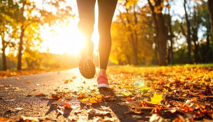ランニング 秋 夕日 紅葉 落ち葉 散歩道 運動 健康 公園 シルエット 暖色 光 希望 足元 スニーカー 自然 ジョギング 逆光 道 季節