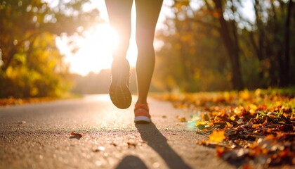 ランニング 秋 夕日 紅葉 落ち葉 散歩道 運動 健康 公園 シルエット 暖色 光 希望 足元 スニーカー 自然 ジョギング 逆光 道 季節