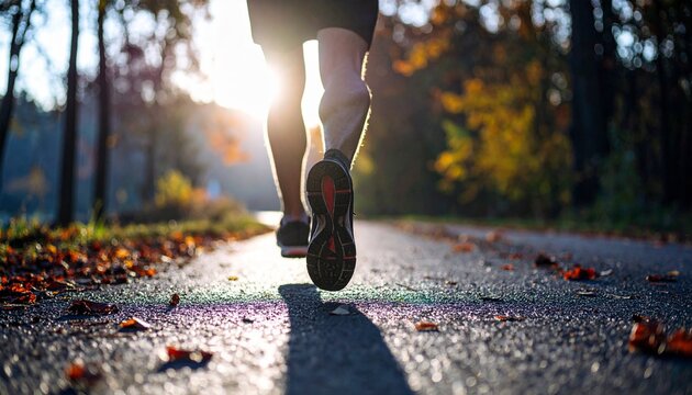 ランニング ジョギング 運動 走る スニーカー シューズ 公園 道路 落ち葉 秋 季節 太陽 光 影 健康 スポーツ フィットネス トレーニング 散歩 朝日 夕日