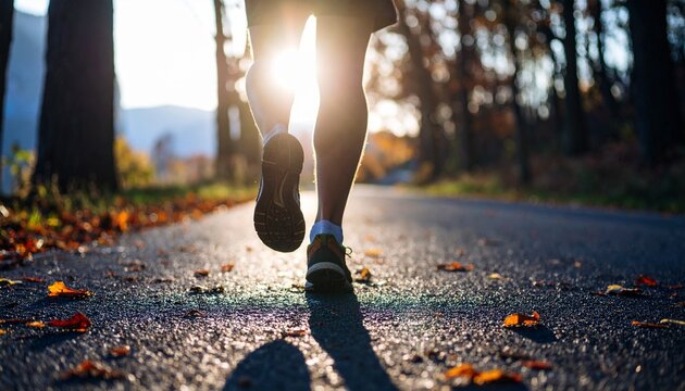 ランニング ジョギング 運動 走る スニーカー シューズ 公園 道路 落ち葉 秋 季節 太陽 光 影 健康 スポーツ フィットネス トレーニング 散歩 朝日 夕日