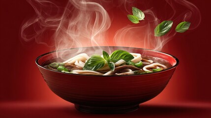 A steaming bowl of noodles garnished with fresh basil leaves against a vibrant red backdrop