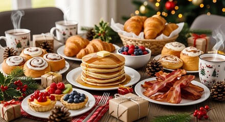 Fototapeta premium A festive Christmas breakfast spread featuring pancakes, bacon, croissants, cinnamon rolls, fruit tarts, and coffee, with a decorated tree in the background.