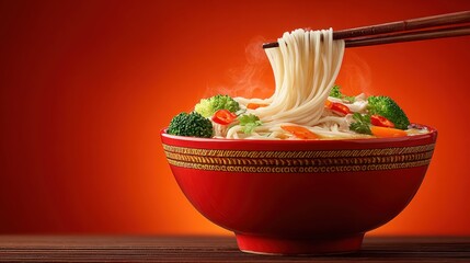 A steaming bowl of noodles with vibrant vegetables being lifted with chopsticks against an orange backdrop
