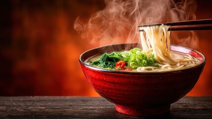 A steaming bowl of noodles with vibrant vegetables and herbs, set against a warm background