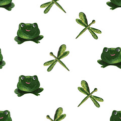 Seamless pattern with hand painted dragonflies and frogs