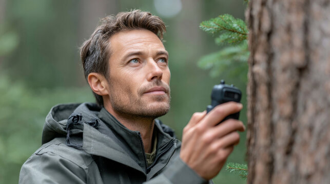 Environmental engineer analyzing tree bark using digital device in forest setting - Powered by Adobe