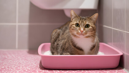 Cute cat using litter box in bathroom