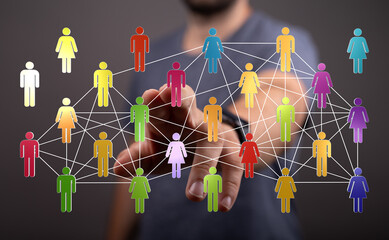 Hand touching digital social network concept illustrating community support. Global connections and a collaborative team feel the pulse of unity