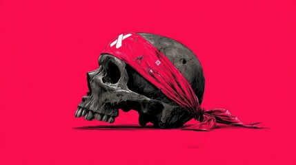 A striking illustration of a skull adorned with a vibrant red bandana, set against a bold pink background