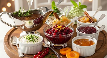 A festive assortment of Thanksgiving side dishes and condiments, including cranberry sauce, gravy, and fruit compotes, beautifully arranged on a wooden platter.