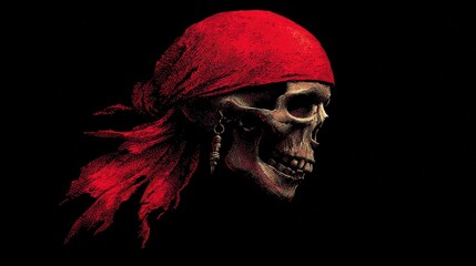 A striking pirate skull adorned with a red bandana, set against a dark, dramatic background