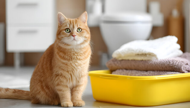 Cute cat using litter box in bathroom