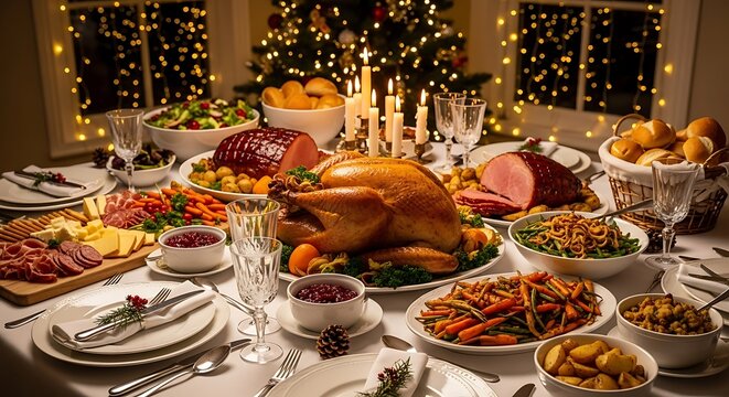 A lavish holiday feast spread on a dining table with a roasted turkey, ham, and numerous side dishes, set against a festive Christmas background.