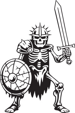 Black and white illustration of a skeleton warrior with sword and shield armor