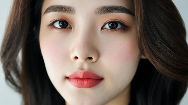Subtle Elegance: A close-up portrait of a woman exudes tranquility, showcasing the delicate beauty of flawless skin, artfully applied makeup, and the understated charm of natural elegance.