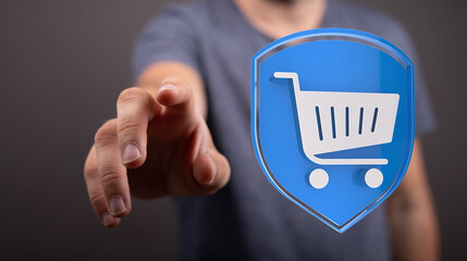 Hand pointing towards an online shopping cart icon symbolizing e-commerce, digital retail, and...