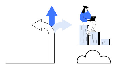 Obraz premium Woman sitting on rising bar chart with laptop, surrounded by upward arrows and a cloud. Ideal for growth, progress, data analysis, decision-making, innovation, planning career. Simple flat metaphor