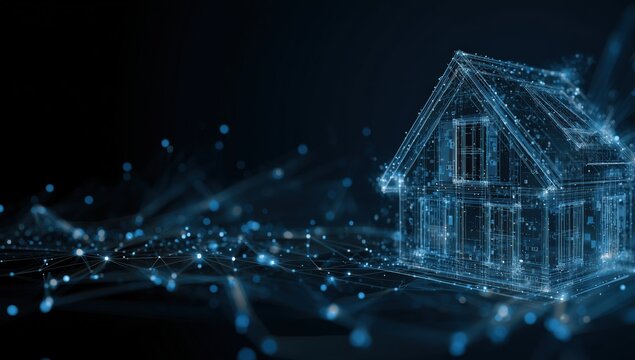 a digital blue hologram of an architectural house, connected to multiple nodes on the right side with lines and glowing dots in a dark background, representing smart home technology Generative AI