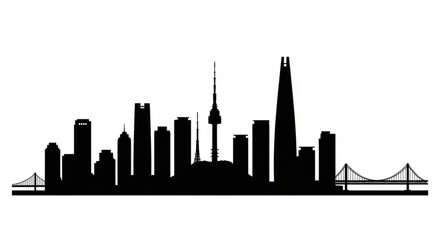 Fototapeta premium Silhouette of a city skyline with various buildings a tower and two bridges in a monochrome design style