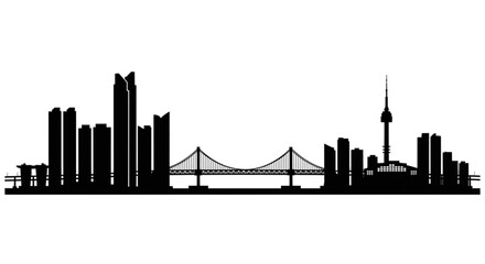 Silhouette of a city skyline with skyscrapers and a bridge spanning across a body of water view in black