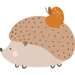 Cute Cartoon Hedgehog with Apple on its Back on Transparent Background for Childrens Book Illustration and Nursery Decor