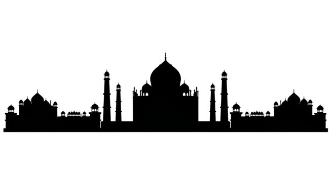 Silhouette of the taj mahal with minarets and domes against a white background in a panoramic view