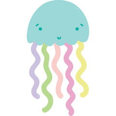 Cute cartoon jellyfish illustration with pastel colored tentacles and a happy face on a transparent background