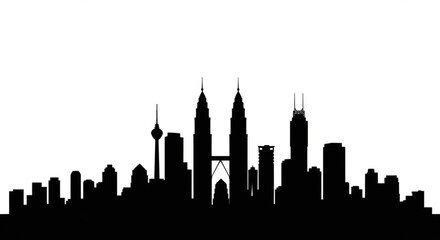 Fototapeta premium Silhouette of kuala lumpur skyline featuring petronas towers and kl tower against a white background
