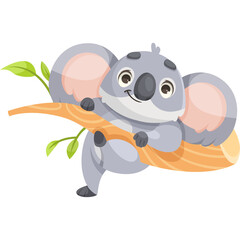 Cute cartoon koala clinging to a tree branch with green leaves on a white background
