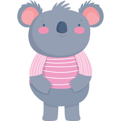 Cute cartoon koala wearing a pink and white striped sweater with rosy cheeks and big ears on a transparent background