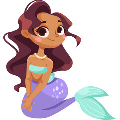 Cute Cartoon Mermaid With Long Wavy Brown Hair Wearing A Pearl Necklace And Light Blue Top With Purple Tail And Light Blue Fins Sitting Gracefully With A Gentle Smile On Her Face