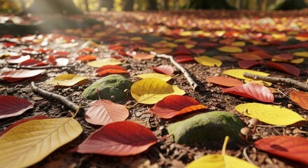 Ground level perspective of colorful autumnal foliage scattered across the forest floor