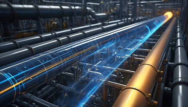 Interior view of industrial pipes with glowing blue energy and a light source at the end