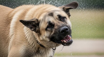 Tan dog vigorously shaking water from its fur in dynamic display of canine energy