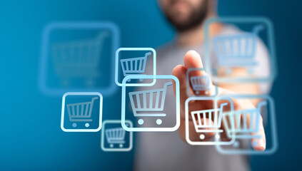 Person interacting with digital shopping cart symbols, representing online shopping, sales, and...