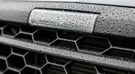 Rain-kissed honeycomb grille on a sleek vehicle exhibiting a captivating texture