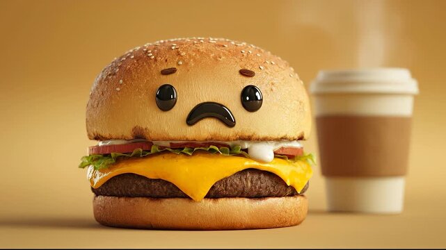 A cartoon-style burger with a sad face sits next to a steaming coffee cup, invoking a playful mood. This scene highlights the burger's vibrant colors and its whimsical expression.