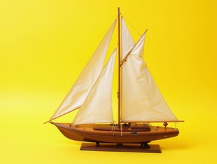 Obraz premium Model sailboat with white sails on yellow background representing adventure and travel