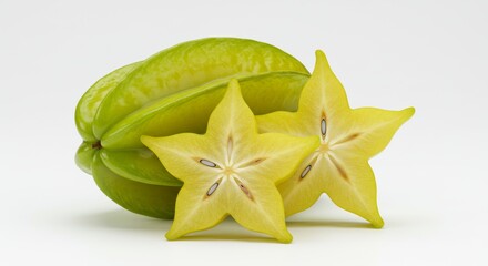 Fototapeta premium Juicy Starfruit Fruit with a Whole and Cut Pieces