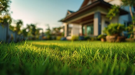 Green lawn or garden of a beautiful house at sunrise