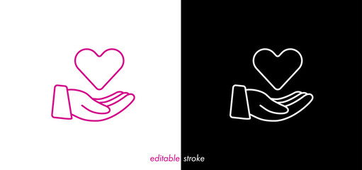 Hand holding heart. Editable stroke heart with hand, medical vector design to use for healthcare, healthy lifestyle, medical laboratory, cardiology project.