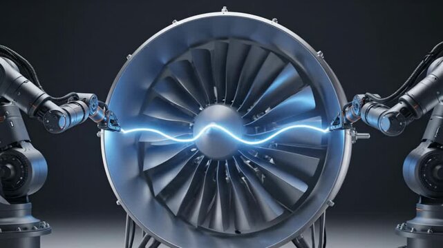 Laser Precision: Robot Arms Activate Jet Turbine with Blue Light Wave