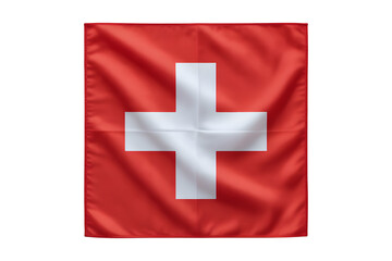 Waving Swiss flag with white cross on red background symbolizing nation, travel, and identity, perfect for global branding and patriotism.