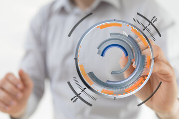 Concept of digital technology interaction, visualizing future technology and data processing with a circular interface.