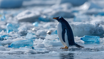Fototapeta premium Penguin standing on icy water among scattered blue plastic bottles and pollution. Concept Penguin and plastic pollution, Plastic waste in polar seas, Conservation in polar regions