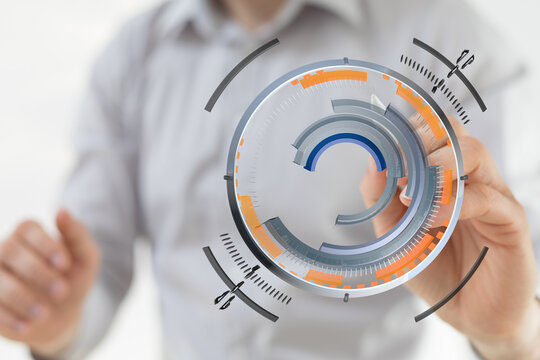 Concept of digital technology interaction, visualizing future technology and data processing with a circular interface.