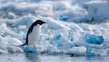 Obraz premium Penguin standing on icy water among scattered blue plastic bottles and pollution. Concept Penguin and plastic pollution, Plastic waste in polar seas, Conservation in polar regions