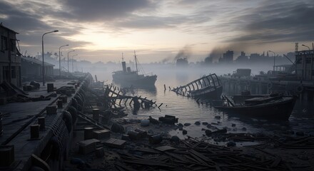 Desolate waterfront scene featuring derelict ships and abandoned port infrastructure creating a