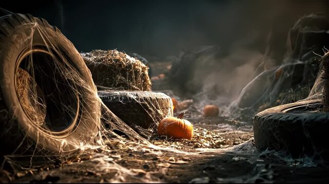 An old tire rests on a damp ground, covered in thick cobwebs alongside scattered pumpkins in a misty setting. The pumpkins and tire create an eerie atmosphere that evokes Halloween